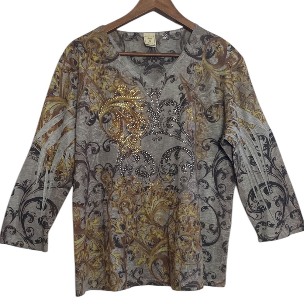 Jess and Jane Top Womens XL Gray Gold Rhinestone Paisley Round Neck Stretch